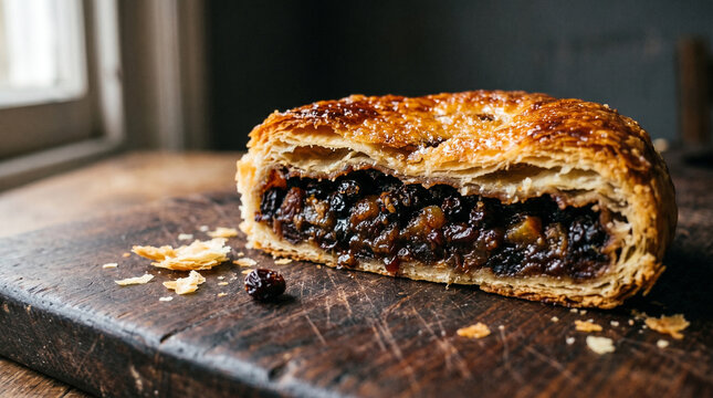 Delicious homemade mince pie cut in half on wooden board