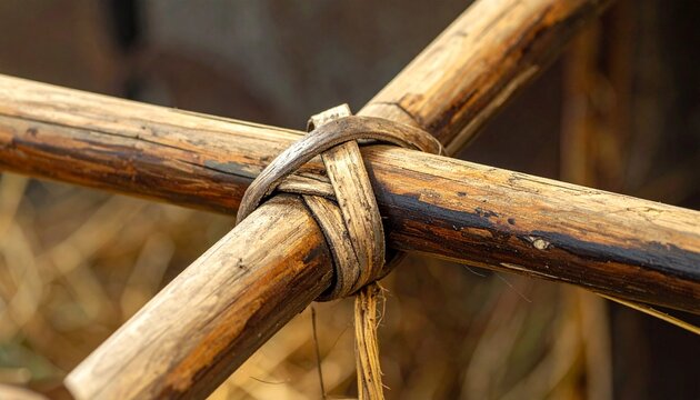 Close-up of wooden flail hinge joint with leather thong for traditional grain threshing