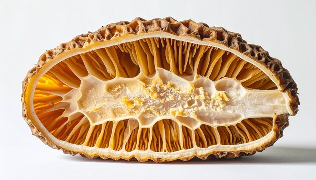 Close-up cross-section of a morel mushroom showing honeycomb texture and hollow interior