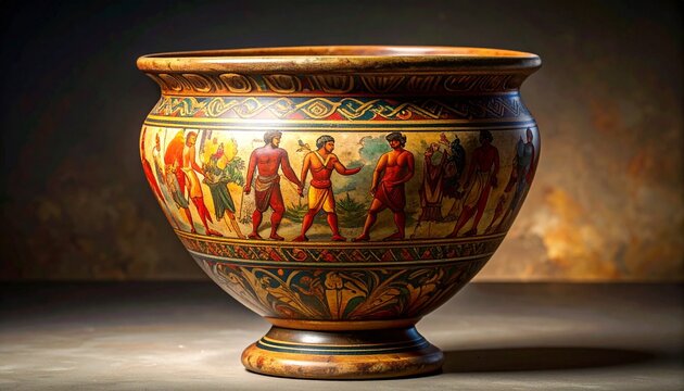 Ancient Greek red-figure kylix with detailed foot ring in studio lighting