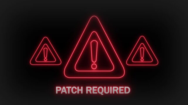 Three bright red neon warning triangles with exclamation marks inside, displayed on a dark gray background with the text PATCHREQUIRED glowing in red neon letters beneath them