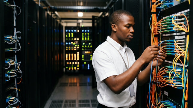 Focused young black male network engineer in white shirt examining patch panel of bright fibre cables in dim data centre aisle with glowing server racks behind