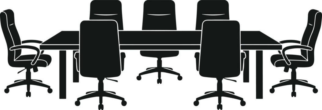 Conference room illustration with rectangular table and six office chairs representing professional workspace, meetings, and collaboration
