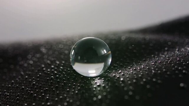 Extreme macro of a perfect water droplet on a hydrophobic black technical fabric with nanotech coating