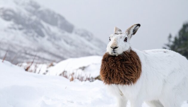 Arctic hare in winter coat standing in snowy mountain landscape