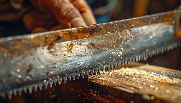 Close-up of handsaw teeth being sharpened with metal file