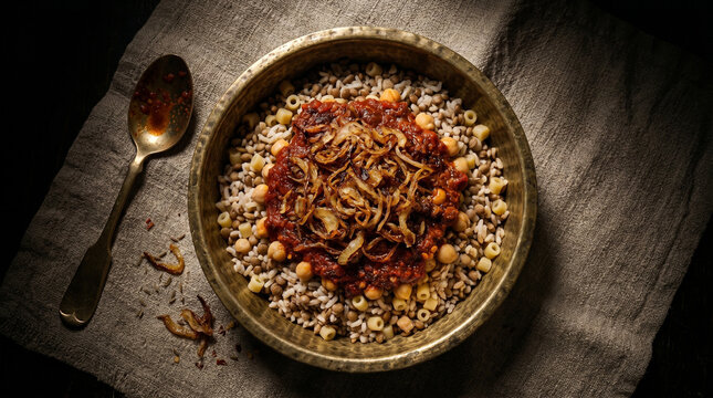 Traditional Egyptian koshari dish served in a brass bowl with a spoon on the side