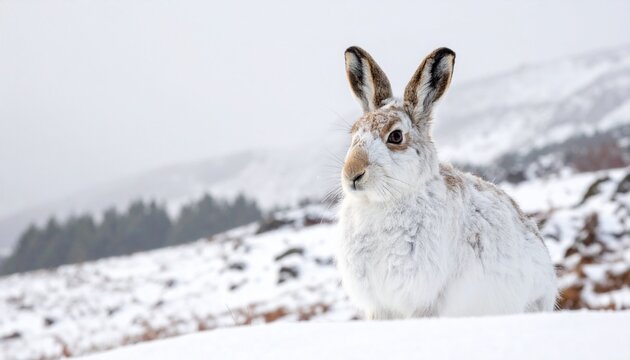 Arctic hare in winter coat sitting on snowy mountain slope
