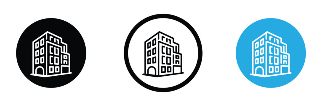 Set of three building icons in black, White, And blue circles for real estate or architecture concepts