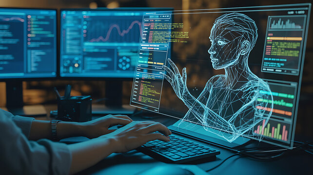 human typing on keyboard with holographic AI agent analyzing data beside screen, digital interface overlays