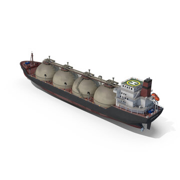 LNG tanker ship 3D render with four large dome-shaped gas tanks, dark hull, red bottom, helipad, white superstructure isolated PNG