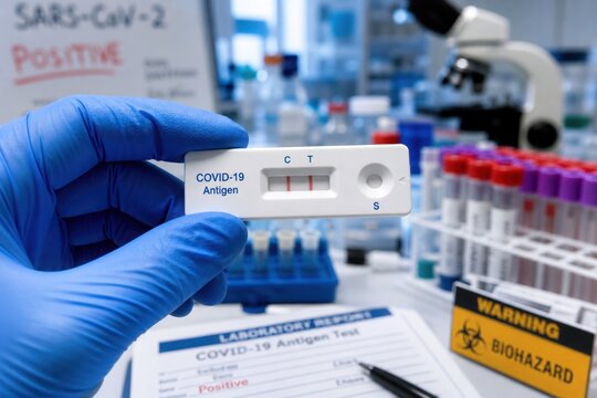 Positive COVID-19 antigen rapid test held by gloved hand, medical laboratory setting with SARS-CoV-2 diagnostic equipment and biohazard warning