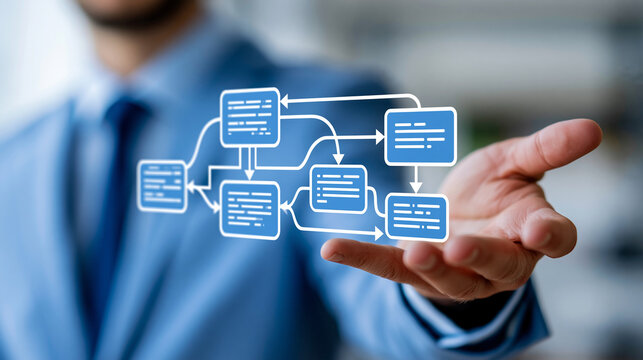 Close-up of a businessman holding an algorithm flow diagram in his hand, software engineering concept, algorithm development photography, coding logic visualization, defocused
