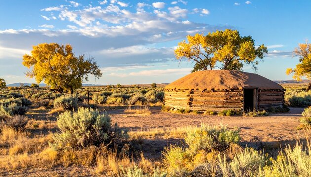 Traditional octagonal earth-roofed hogan in desert landscape