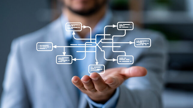 Close-up of a businessman holding an algorithm flow diagram in his hand, software engineering concept, algorithm development photography, coding logic visualization, defocused