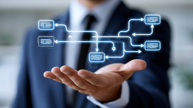 Close-up of a businessman holding an algorithm flow diagram in his hand, software engineering concept, algorithm development photography, coding logic visualization, defocused