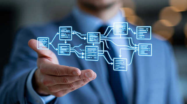Close-up of a businessman holding an algorithm flow diagram in his hand, software engineering concept, algorithm development photography, coding logic visualization, defocused