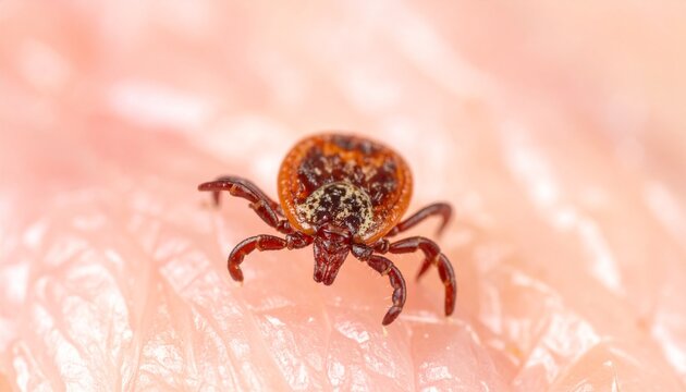 Close-up macro of tick embedded in human skin with barbed hypostome