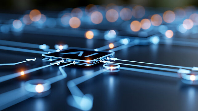Close-up of a glowing AI workflow automation diagram with interconnected software nodes and process flow arrows on a dark background, artificial intelligence concept, machine