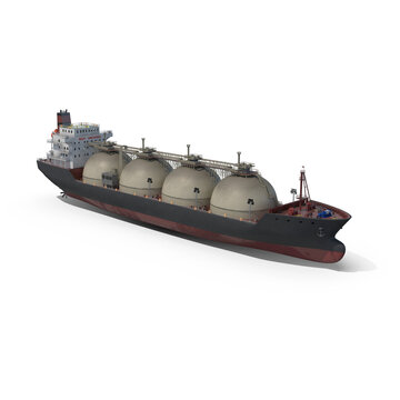 LNG tanker ship 3D render with four large dome-shaped gas tanks, dark hull, red bottom, helipad, white superstructure isolated PNG