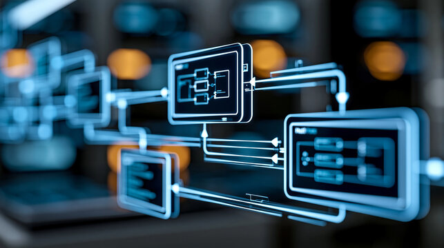 Close-up of a futuristic AI orchestration process flow in a data center with input processing and decision making diagram, AI data center concept, orchestration diagram