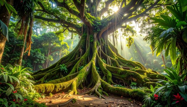Massive buttress roots of strangler fig in tropical rainforest