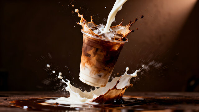 Levitating iced coffee latte in plastic cup with milk splash, conceptual high speed photography of dynamic liquid explosion on dark moody background.