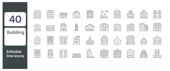 Set of 40 editable line icons representing various types of buildings and architecture styles © mostkolpona