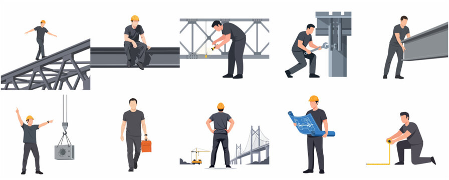 Construction Workers and Civil Engineers Set Working on Infrastructure Bridge Project Vector Illustration