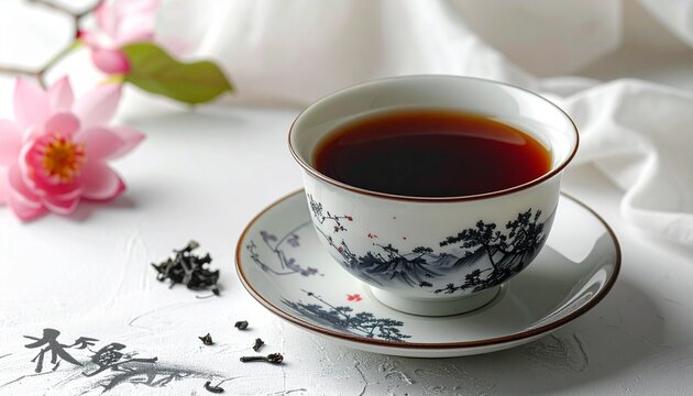 Gongfu tea ceremony with blooming tea in white porcelain cup