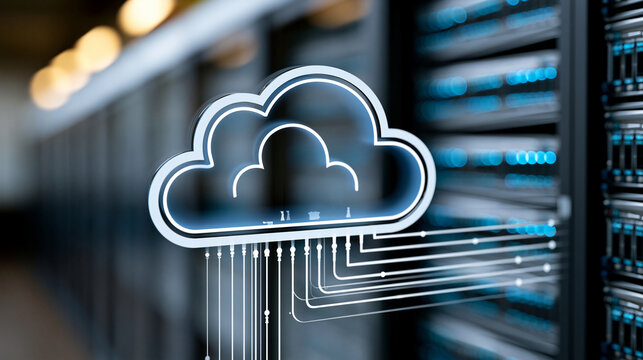 Close-up of an AI cloud computing infrastructure illustration with server racks and data flow diagram, cloud AI concept, server infrastructure photography, data processing