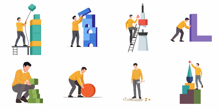 Business development and growth concept with man building structures using geometric blocks