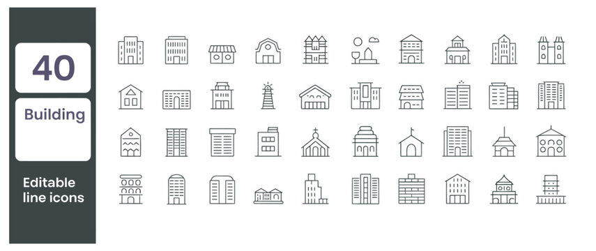 Set of 40 editable line icons representing various types of buildings and architecture styles