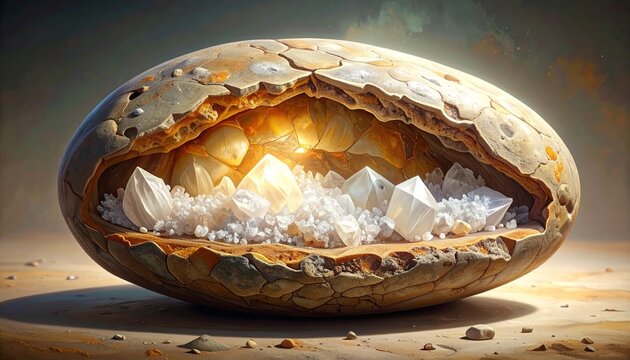 Cross-section of septarian nodule with calcite crystal fill and golden glow