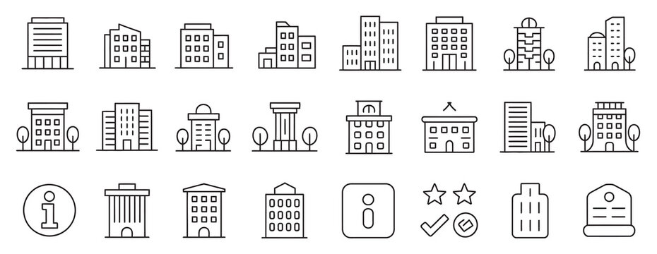 Comprehensive collection of city building line icons for urban planning and design projects