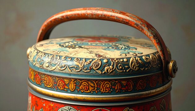 Close-up of vintage embossed tin lithograph container with handle