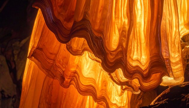 Translucent orange calcite curtain formation with backlit glow in cave