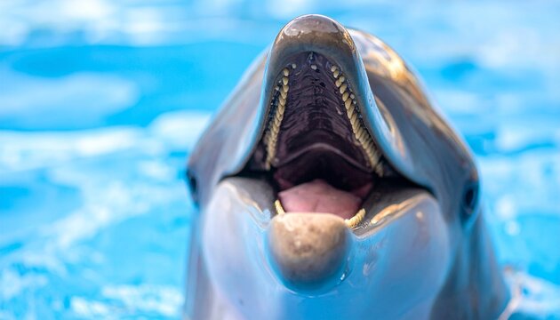 Close-up of bottlenose dolphin jaw and teeth underwater