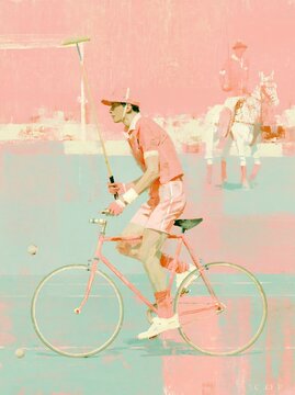 Polo Player on White Horse with Mallet Pink Sage Duotone Painting Equestrian Sport Editorial Luxury Aesthetic Art Print