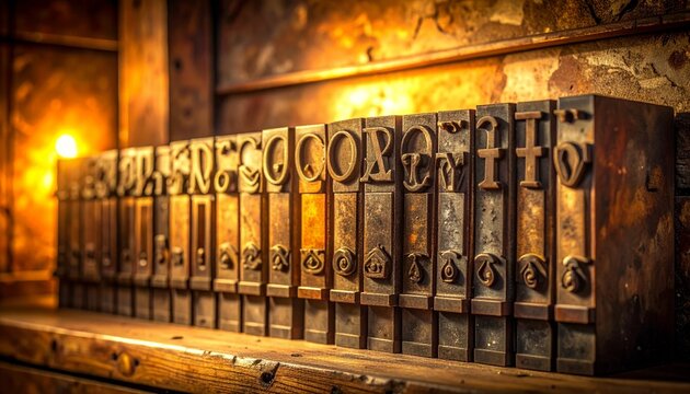 Close-up of vintage metal movable type letters in composing stick for printing