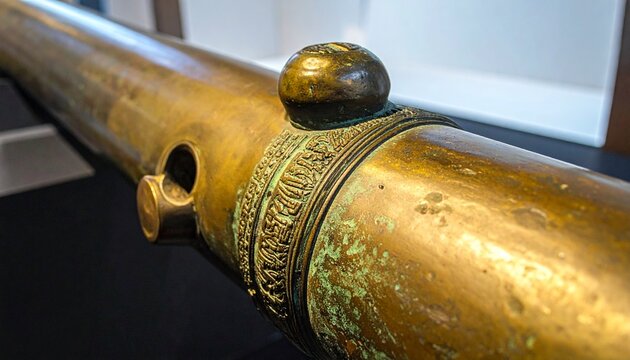 Close-up of antique bronze cannon with cascabel knob and touch hole detail