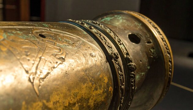 Close-up of ancient bronze cannon with touch hole and cascabel knob detail