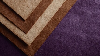 Fototapeta premium Overlapping natural kraft paper layers arranged diagonally against a deep rich purple textured backdrop for branding