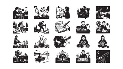 Obraz premium Black and white illustrations of people doing various activities