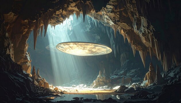 Rare thin oval cave shield speleothem formation in underground cavern