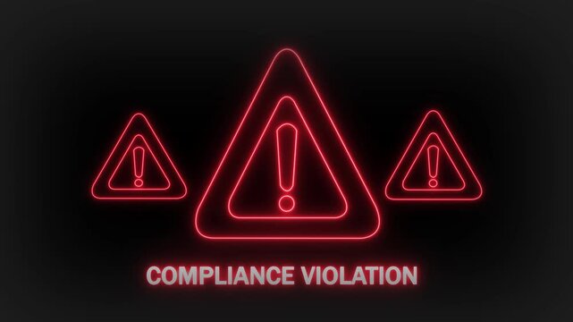 Three glowing red neon warning triangles with exclamation marks inside displayed against a dark background with the text COMPLIANCEVIOLATION in red neon below them