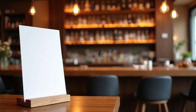 Blank white menu on wood stand at bar counter. Shelves stocked with bottles. Empty eatery interior offers quiet ambiance. Perfect for displaying specials offers.