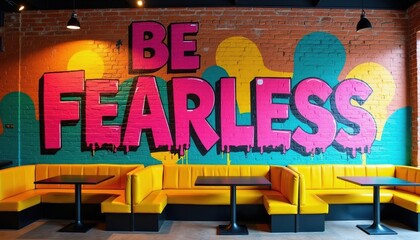 Naklejka premium Bright graffiti art with text BE FEARLESS covers brick wall in cafe interior. Yellow booth seating and black tables create modern dining space. Colorful mural adds positive energy.