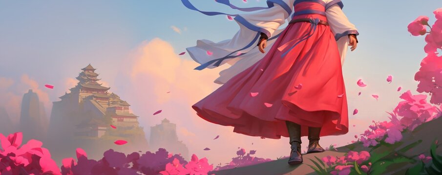 Woman warrior standing on a mountain path with an epic asian castle in the background. Fantasy battle role-playing game. Adventure concept.
