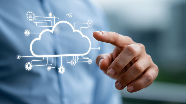 Close-up of a hand pointing at a cloud computing diagram with interconnected icons, cloud computing interaction concept, hand and diagram photography, cloud service visualization,